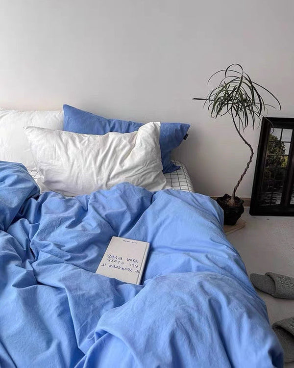 Solid Blue Cotton Duvet Cover Set