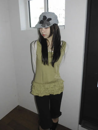 Denim Flower Shirred Cotton Cap