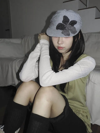 Denim Flower Shirred Cotton Cap