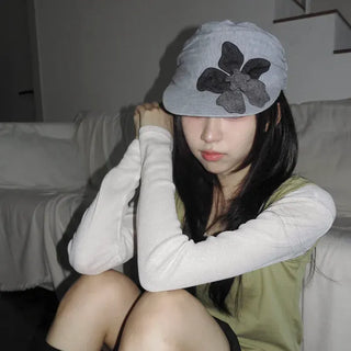 Denim Flower Shirred Cotton Cap