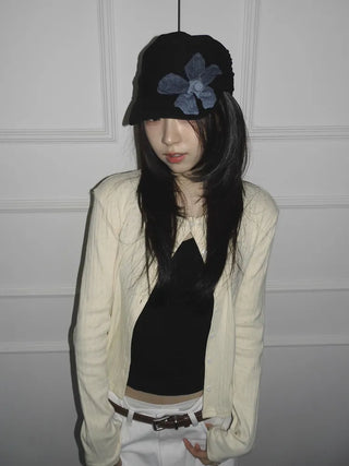 Denim Flower Shirred Cotton Cap
