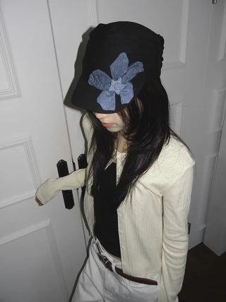 Denim Flower Shirred Cotton Cap