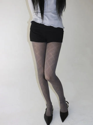 Jacquard Check Pattern See-through Footed Pantyhose
