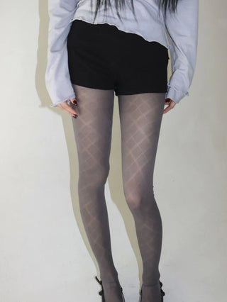 Jacquard Check Pattern See-through Footed Pantyhose