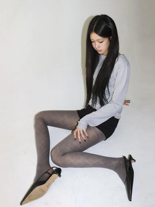 Jacquard Check Pattern See-through Footed Pantyhose