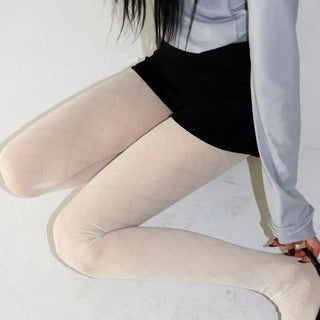 Jacquard Check Pattern See-through Footed Pantyhose