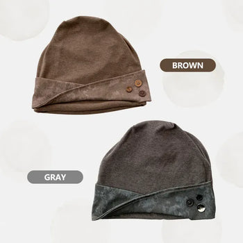 Button Stitch Contrast Fold Print Beanie Hat