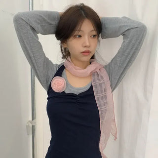Rose Drape Check See-through Long Scarf
