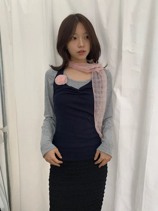 Rose Drape Check See-through Long Scarf