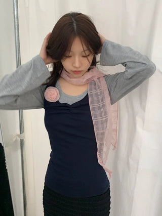 Rose Drape Check See-through Long Scarf