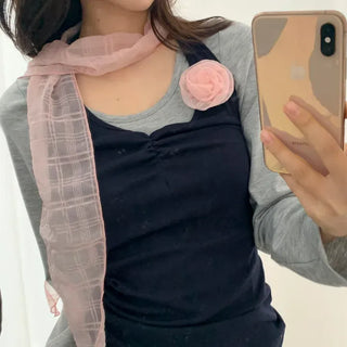 Rose Drape Check See-through Long Scarf