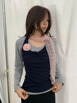Rose Drape Check See-through Long Scarf