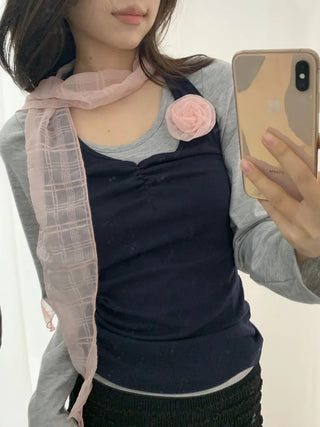 Rose Drape Check See-through Long Scarf