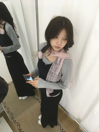 Rose Drape Check See-through Long Scarf