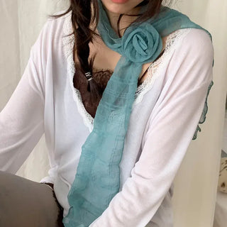 Rose Drape Check See-through Long Scarf