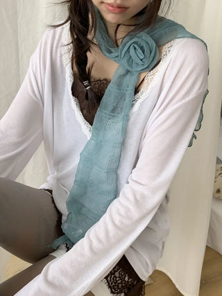Rose Drape Check See-through Long Scarf