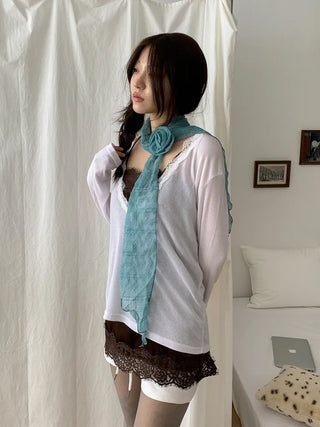 Rose Drape Check See-through Long Scarf