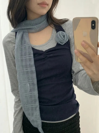 Rose Drape Check See-through Long Scarf