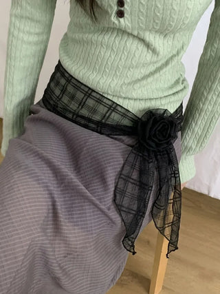 Rose Drape Check See-through Long Scarf