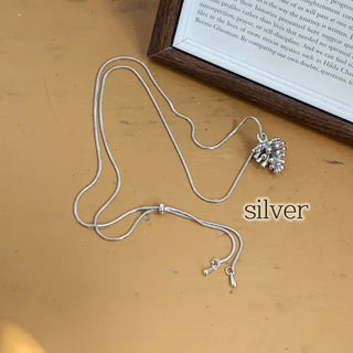 Pinecone Drop Leaf Silver Pinecone Long Necklace