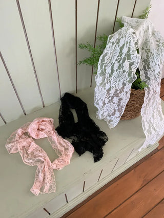 Placiel See-through Lace Flower Pattern Long Scarf
