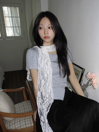 Placiel See-through Lace Flower Pattern Long Scarf