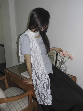 Placiel See-through Lace Flower Pattern Long Scarf