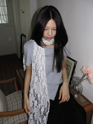 Placiel See-through Lace Flower Pattern Long Scarf