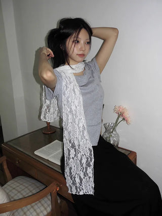 Placiel See-through Lace Flower Pattern Long Scarf