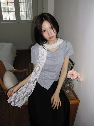 Placiel See-through Lace Flower Pattern Long Scarf