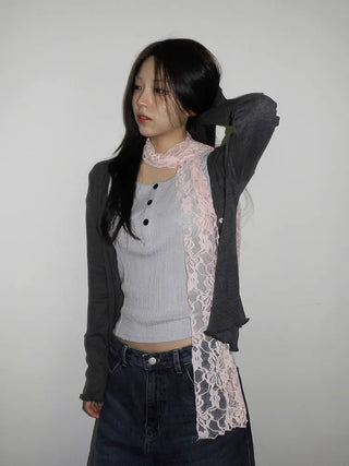 Placiel See-through Lace Flower Pattern Long Scarf