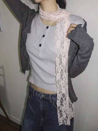 Placiel See-through Lace Flower Pattern Long Scarf