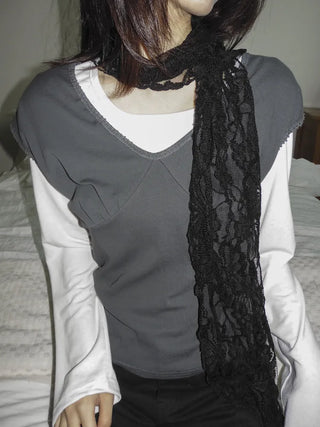 Placiel See-through Lace Flower Pattern Long Scarf