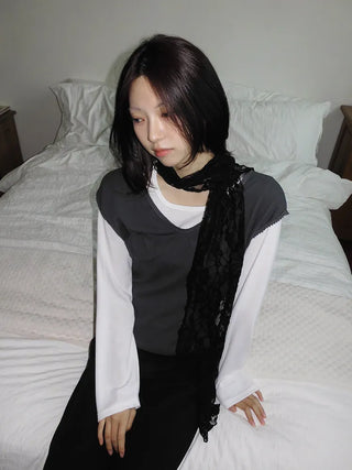 Placiel See-through Lace Flower Pattern Long Scarf
