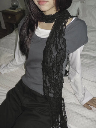 Placiel See-through Lace Flower Pattern Long Scarf