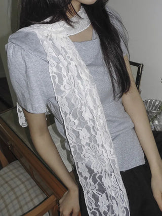 Placiel See-through Lace Flower Pattern Long Scarf