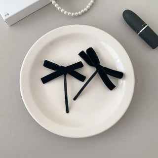 Two Velvet Black Ribbon Hair Clips/Ties