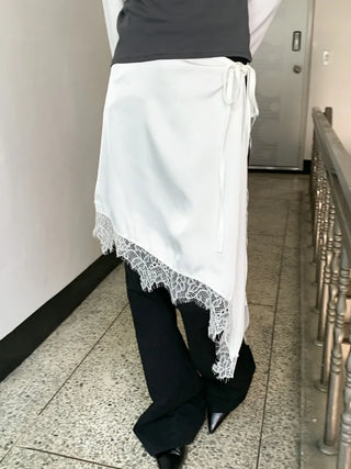 Poining Lace Layered Satin Wrap Skirt