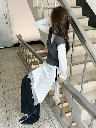 Poining Lace Layered Satin Wrap Skirt