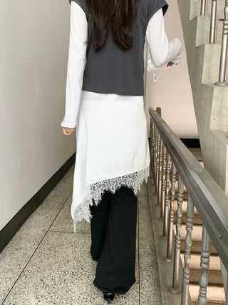 Poining Lace Layered Satin Wrap Skirt