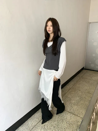 Poining Lace Layered Satin Wrap Skirt