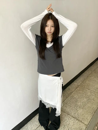 Poining Lace Layered Satin Wrap Skirt