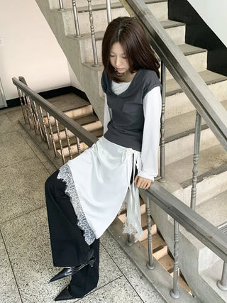 Poining Lace Layered Satin Wrap Skirt