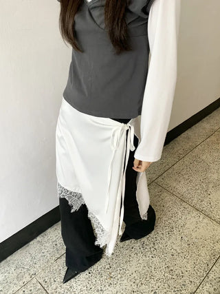 Poining Lace Layered Satin Wrap Skirt