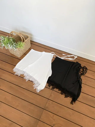 Poining Lace Layered Satin Wrap Skirt