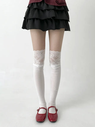 Rot Lace Ribbed High Knee Long Socks