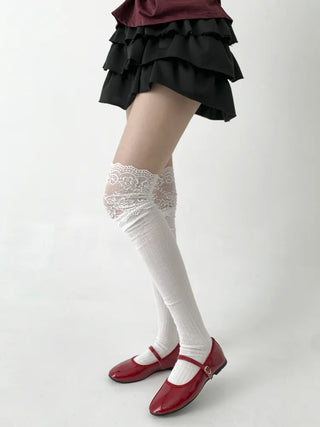 Rot Lace Ribbed High Knee Long Socks