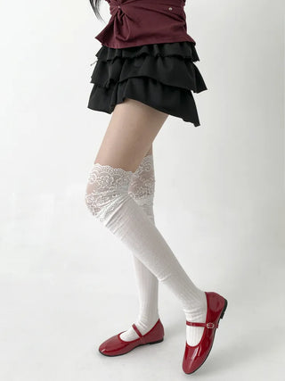 Rot Lace Ribbed High Knee Long Socks