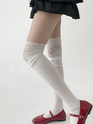 Rot Lace Ribbed High Knee Long Socks