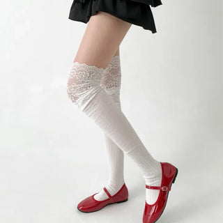 Rot Lace Ribbed High Knee Long Socks
